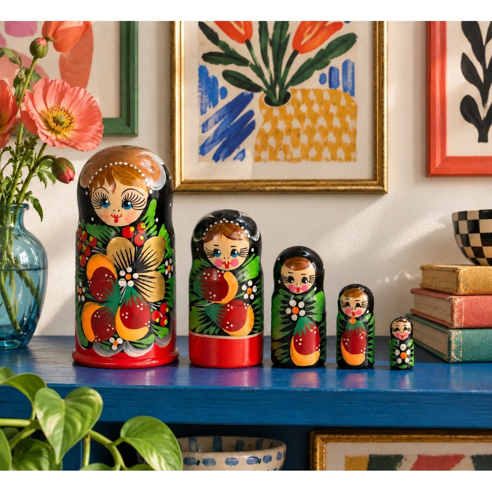 Vintage 5 Piece Nesting Doll Set, Colorful Painted Matryoshka Folk Decor